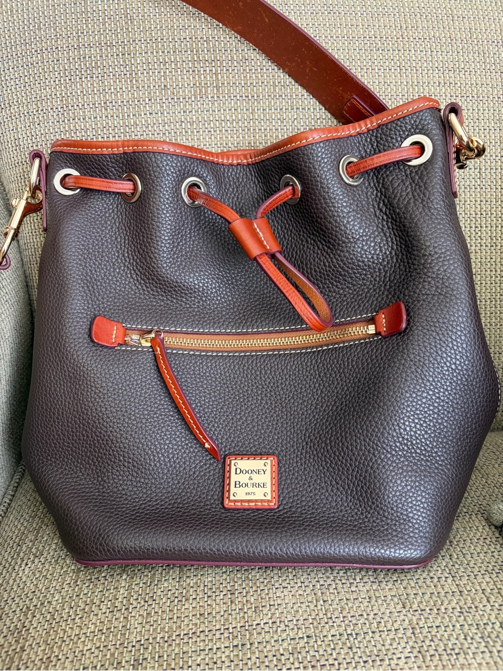 Dooney & Bourke Brown Leather Drawstring Bucket Bag - Picture 2 of 7